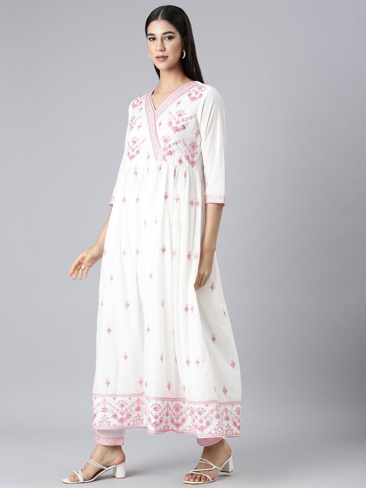 Neerus Pink Embroidered Curved Kurta and Trousers With Dupatta
