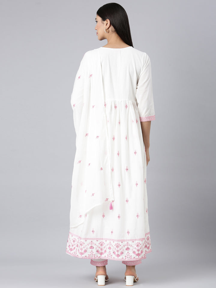 Neerus Pink Embroidered Curved Kurta and Trousers With Dupatta