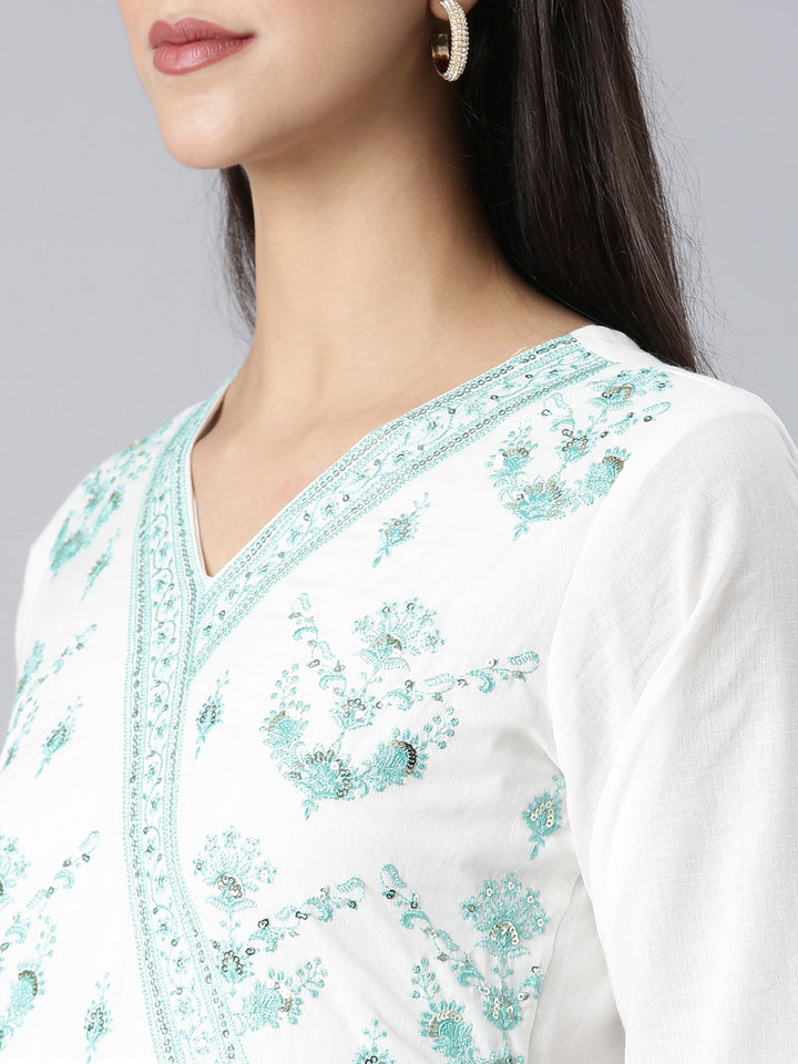 Neerus Green Embroidered Curved Kurta and Trousers With Dupatta