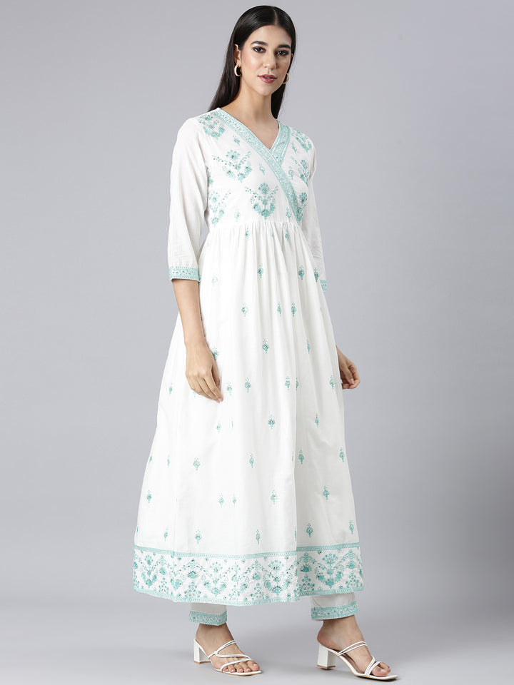 Neerus Green Embroidered Curved Kurta and Trousers With Dupatta