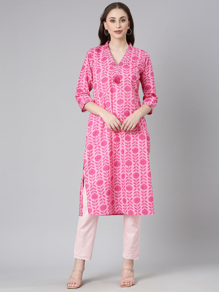 Neerus Pink Casual Floral Straight Kurtas