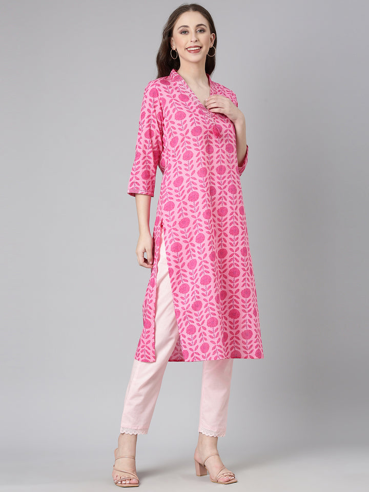 Neerus Pink Casual Floral Straight Kurtas