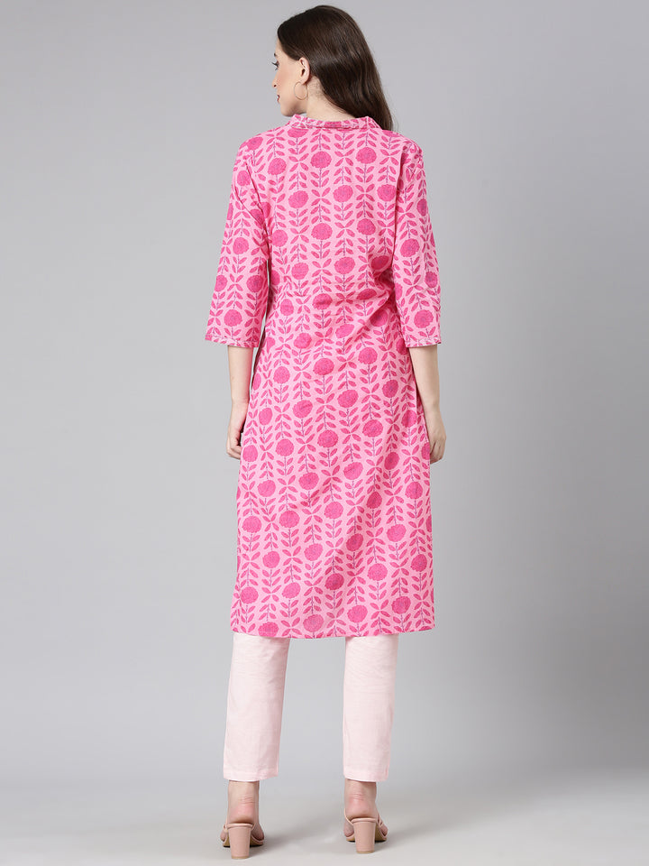 Neerus Pink Casual Floral Straight Kurtas