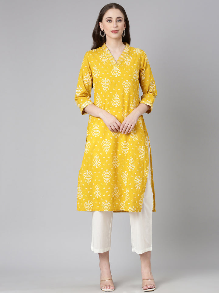 Neerus Mustard Casual Floral Straight Kurtas