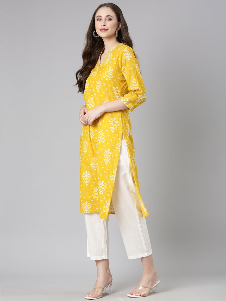Neerus Mustard Casual Floral Straight Kurtas