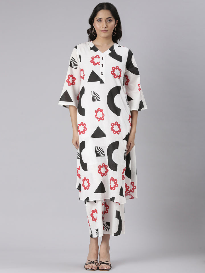 Neerus White Printed Straight Kurta and Trousers
