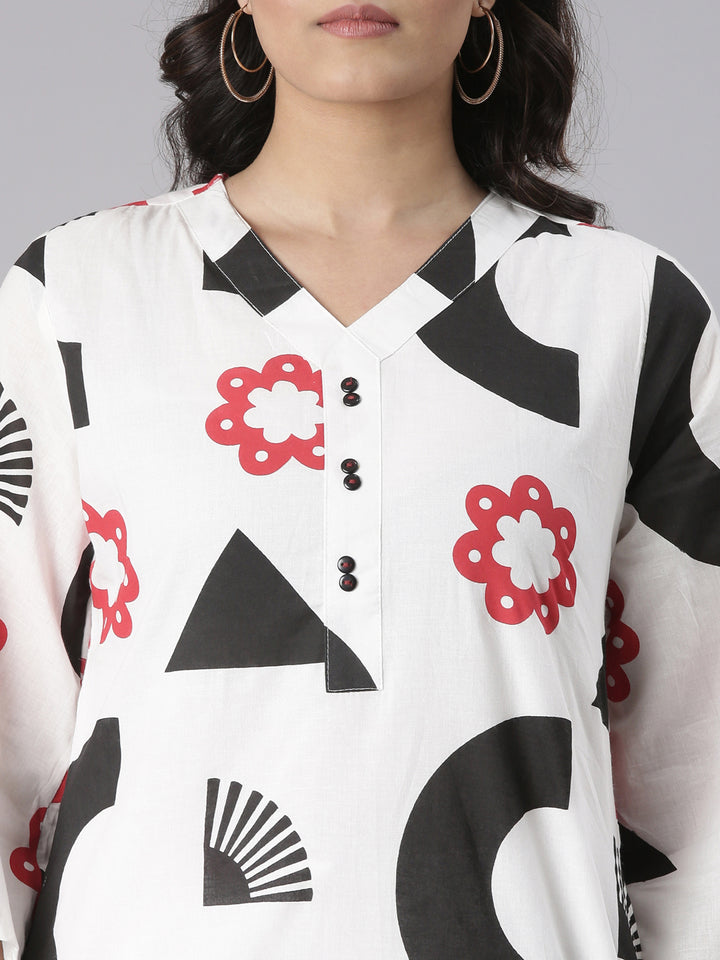 Neerus White Printed Straight Kurta and Trousers