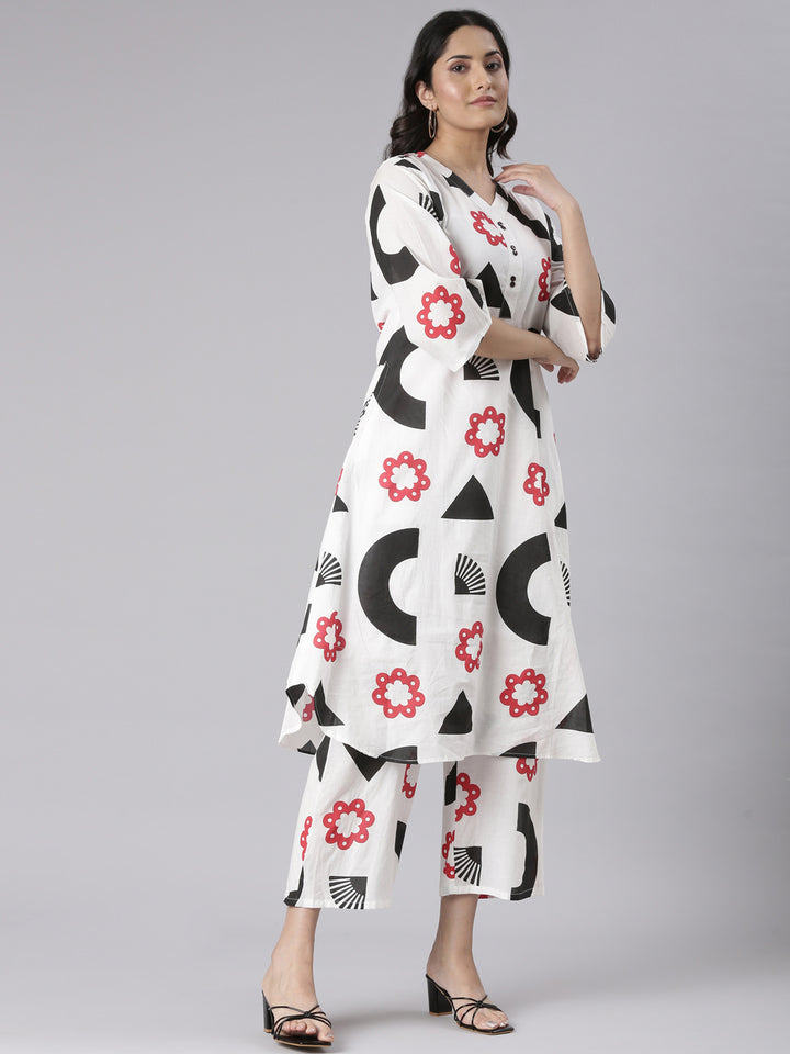 Neerus White Printed Straight Kurta and Trousers