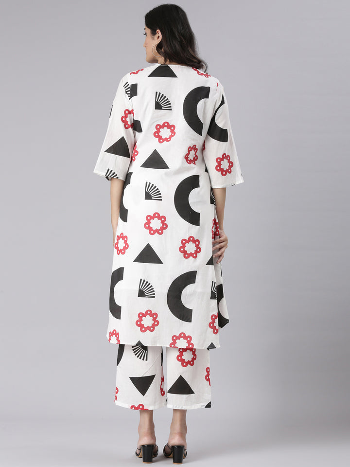 Neerus White Printed Straight Kurta and Trousers