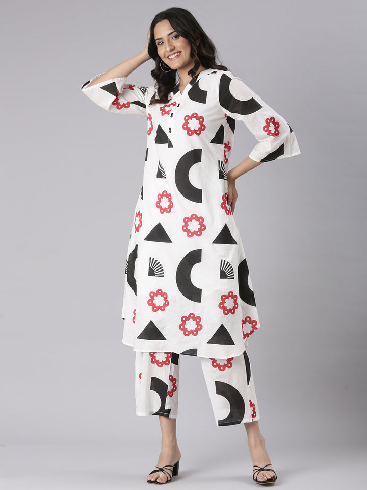 Neerus White Printed Straight Kurta and Trousers