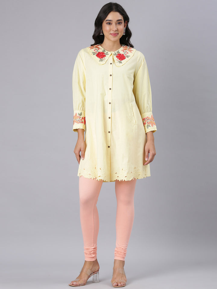 Neerus Yellow Casual Solid Straight Kurtis