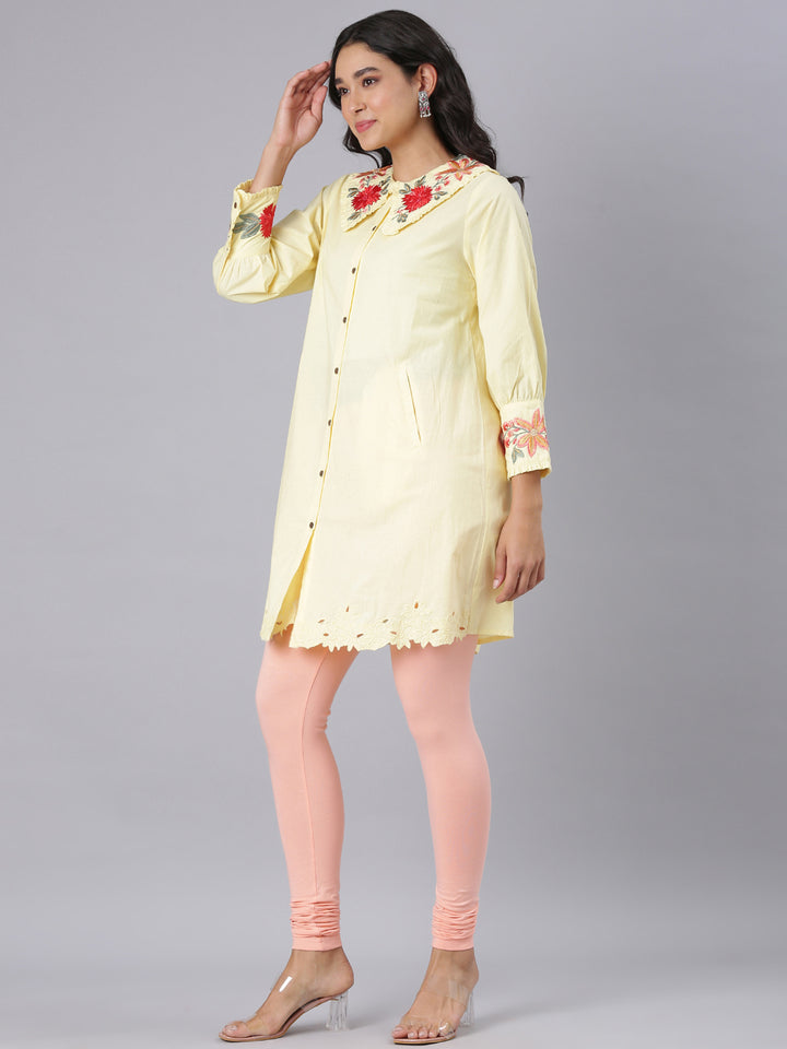 Neerus Yellow Casual Solid Straight Kurtis