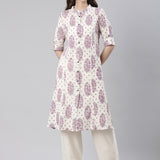 Neerus Cream Casual Floral Straight Kurtas