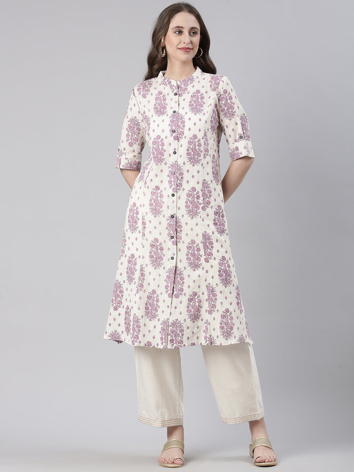 Neerus Cream Casual Floral Straight Kurtas