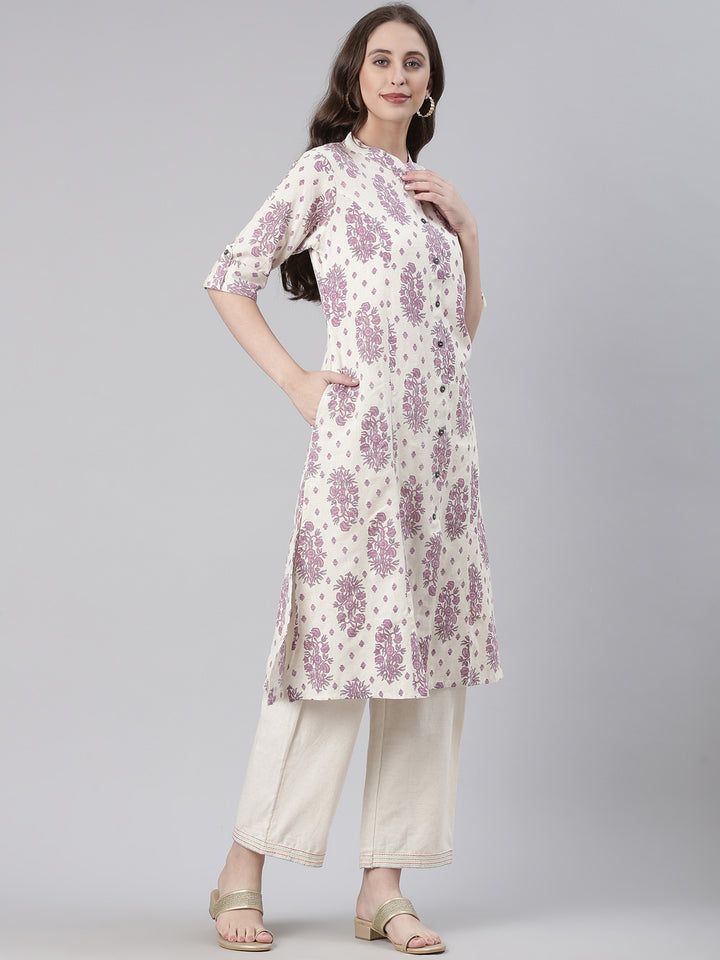 Neerus Cream Casual Floral Straight Kurtas
