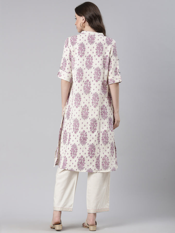 Neerus Cream Casual Floral Straight Kurtas