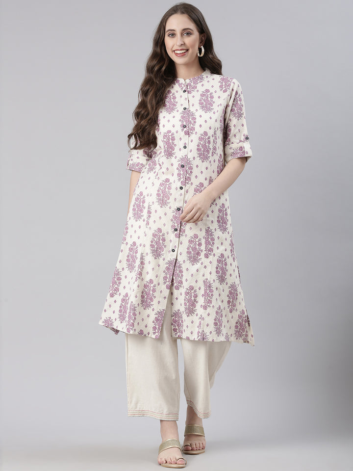Neerus Cream Casual Floral Straight Kurtas