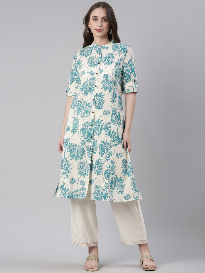 Neerus Sea Green Casual Floral Straight Kurtas
