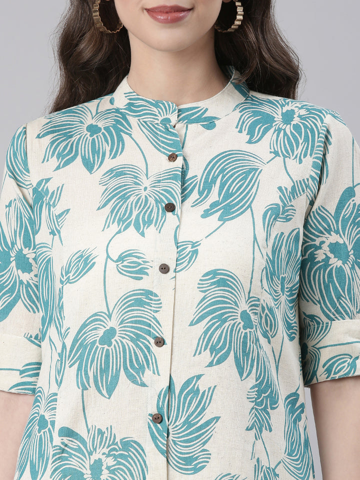 Neerus Sea Green Casual Floral Straight Kurtas