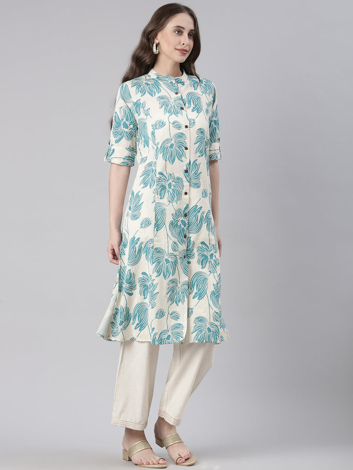 Neerus Sea Green Casual Floral Straight Kurtas