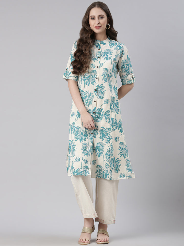 Neerus Sea Green Casual Floral Straight Kurtas