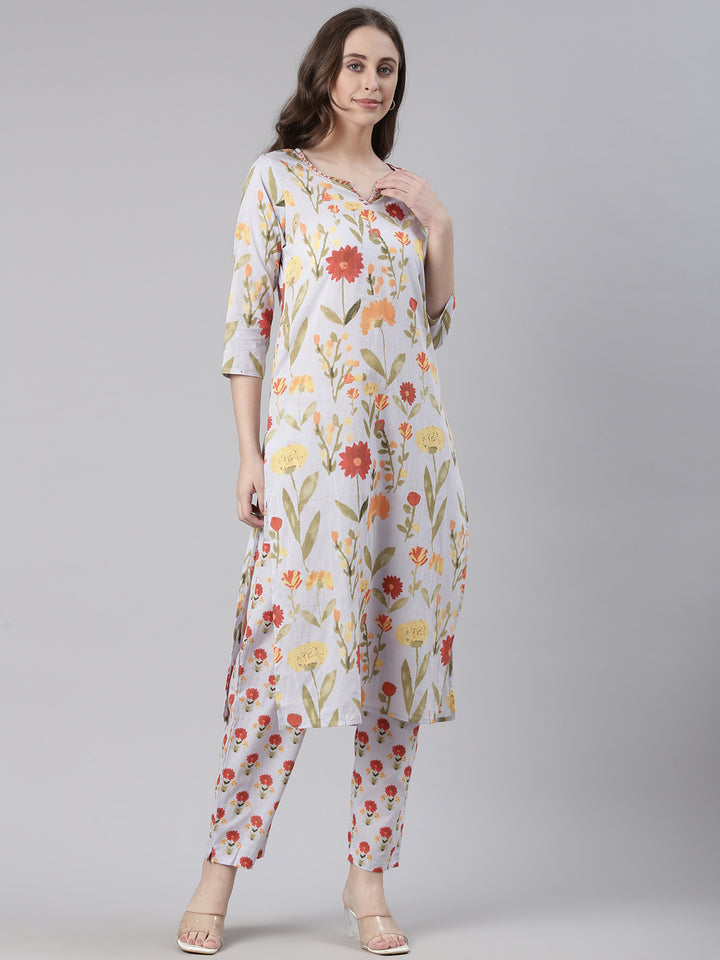 Neerus Off White Printed Straight Kurta and Trousers