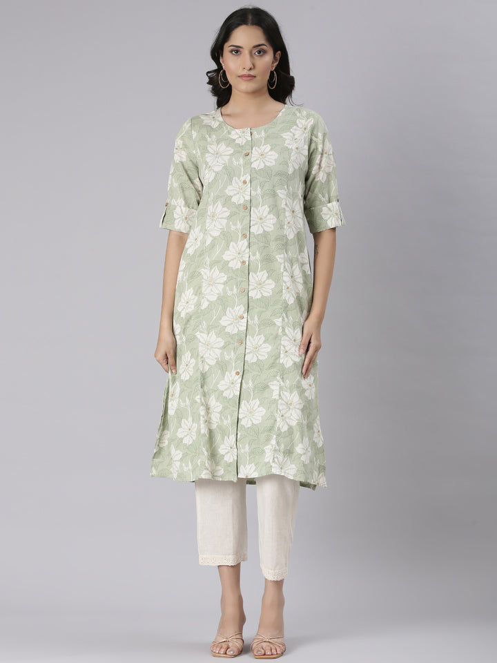 Neerus Green Casual Floral Straight Kurtas