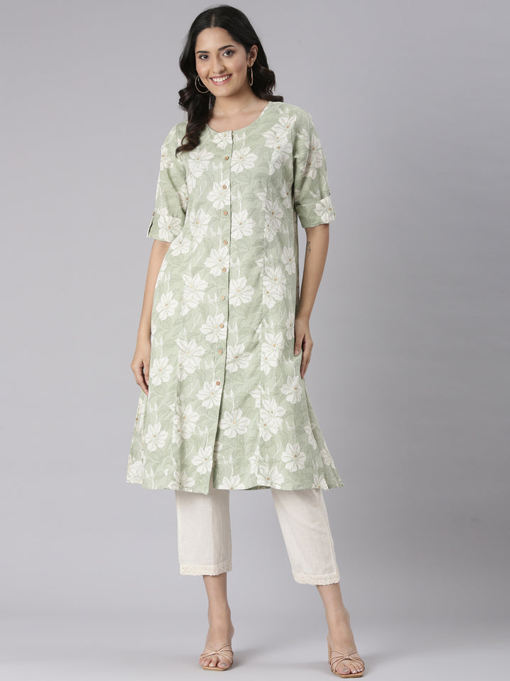 Neerus Green Casual Floral Straight Kurtas