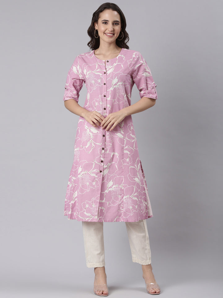 Lilac Cotton Printed Kurta