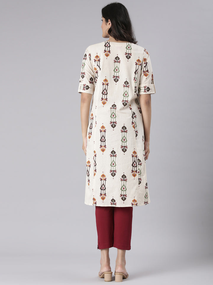 Neerus Cream Casual Tribal Straight Kurtas