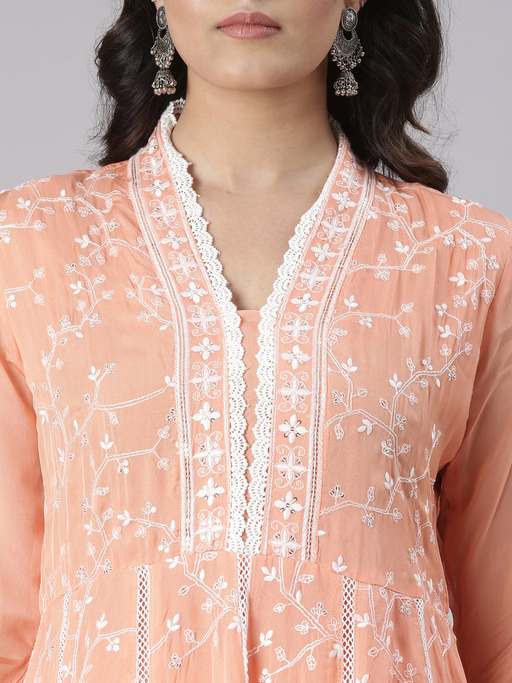 Neerus Coral Embroidered Straight Kurta and Trousers With Dupatta