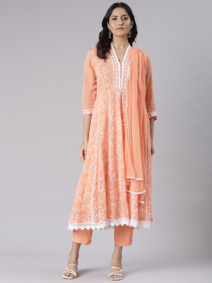 Neerus Coral Embroidered Straight Kurta and Trousers With Dupatta