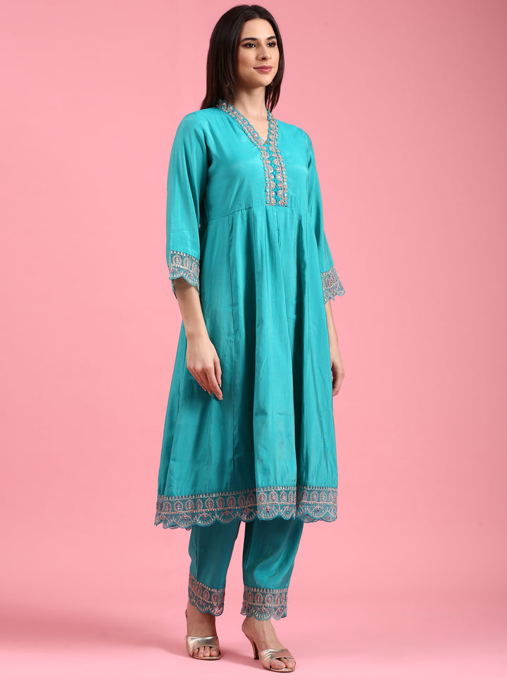 Sea Green Vichithraa Silk Anarkali Three Piece Suit Set