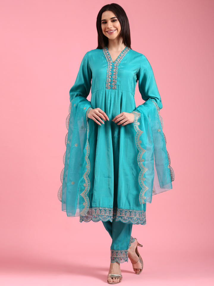 Sea Green Vichithraa Silk Anarkali Three Piece Suit Set