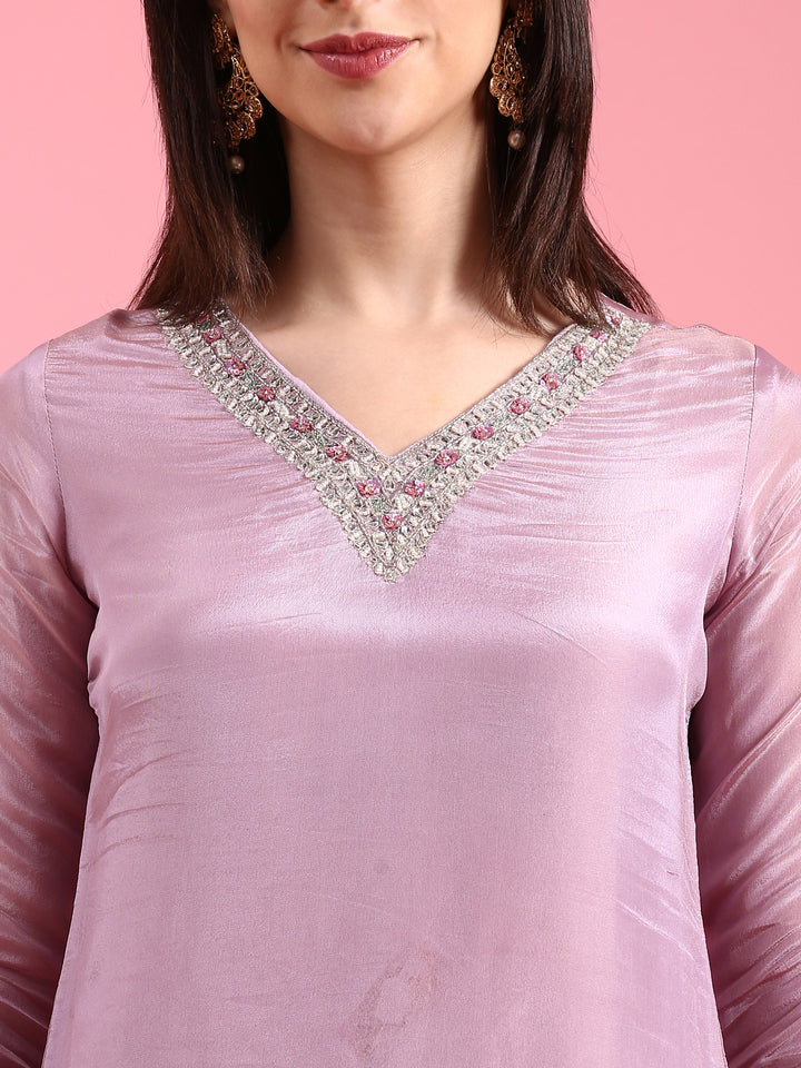 Lilac Tissue Hand Embroidery Three Piece Suit Set