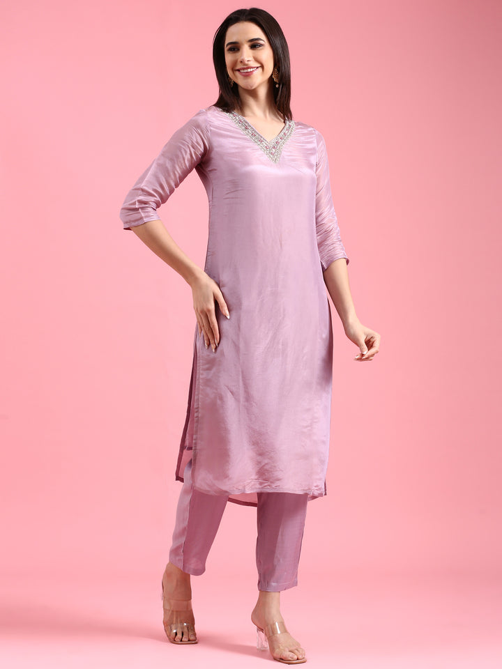 Lilac Tissue Hand Embroidery Three Piece Suit Set