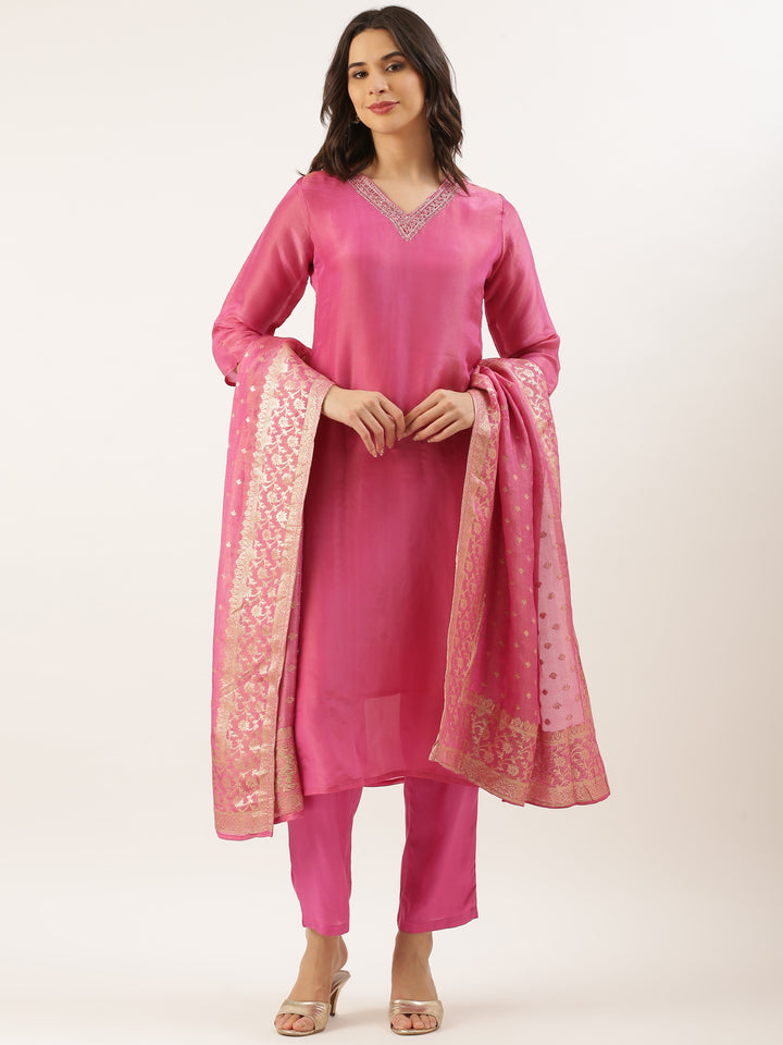 Pink Tissue Hand Embroidery Three Piece Suit Set