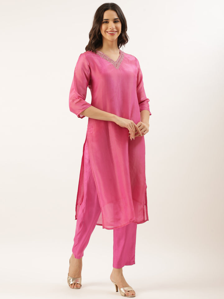 Pink Tissue Hand Embroidery Three Piece Suit Set