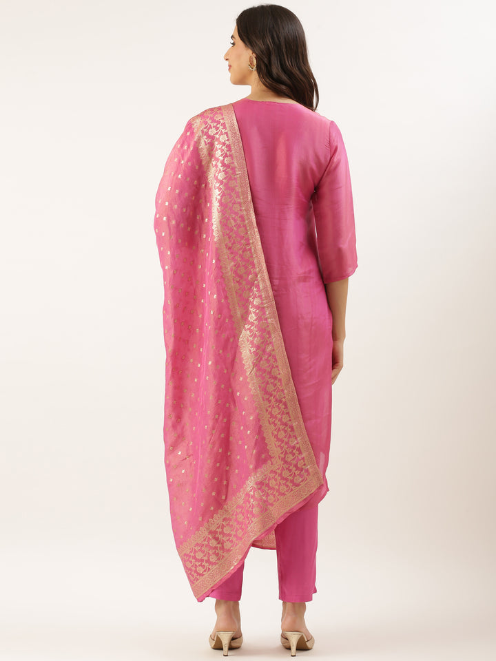 Pink Tissue Hand Embroidery Three Piece Suit Set