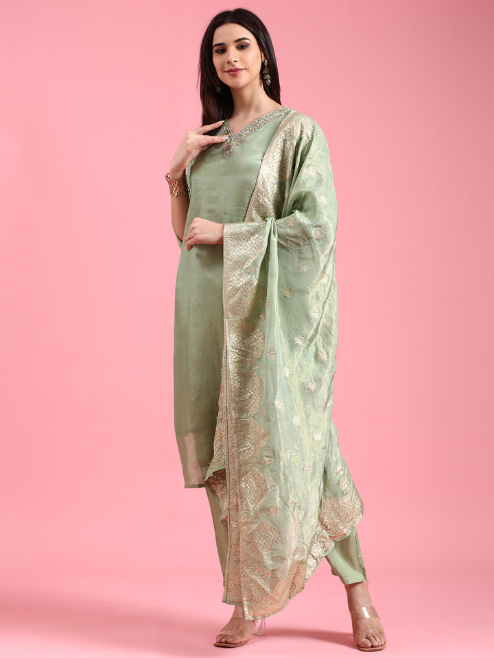 Pista Tissue Hand Embroidery Three Piece Suit Set