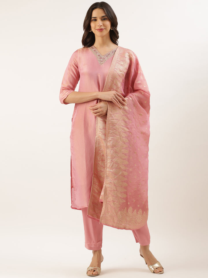 Rose Pink Tissue Hand Embroidery Three Piece Suit Set