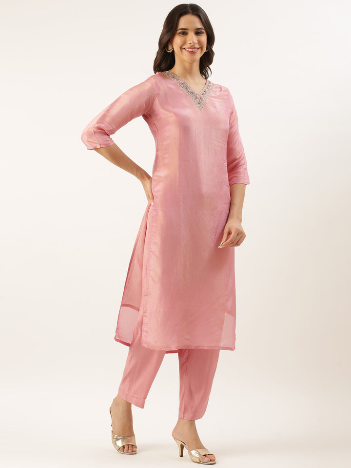 Rose Pink Tissue Hand Embroidery Three Piece Suit Set