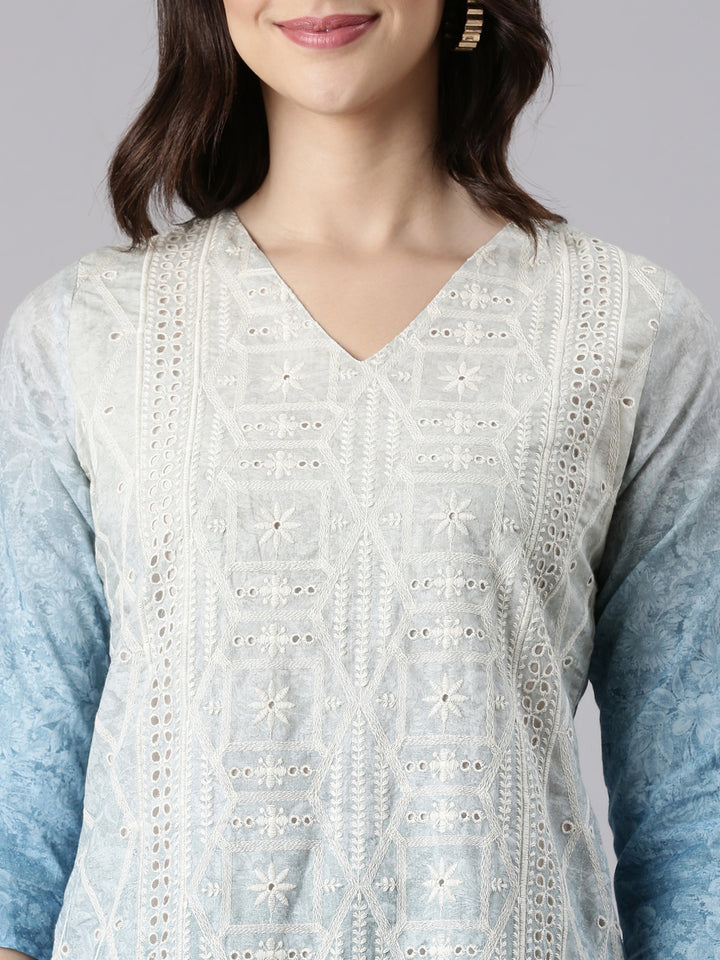 Blue Cotton Chiken Work Three Piece Set