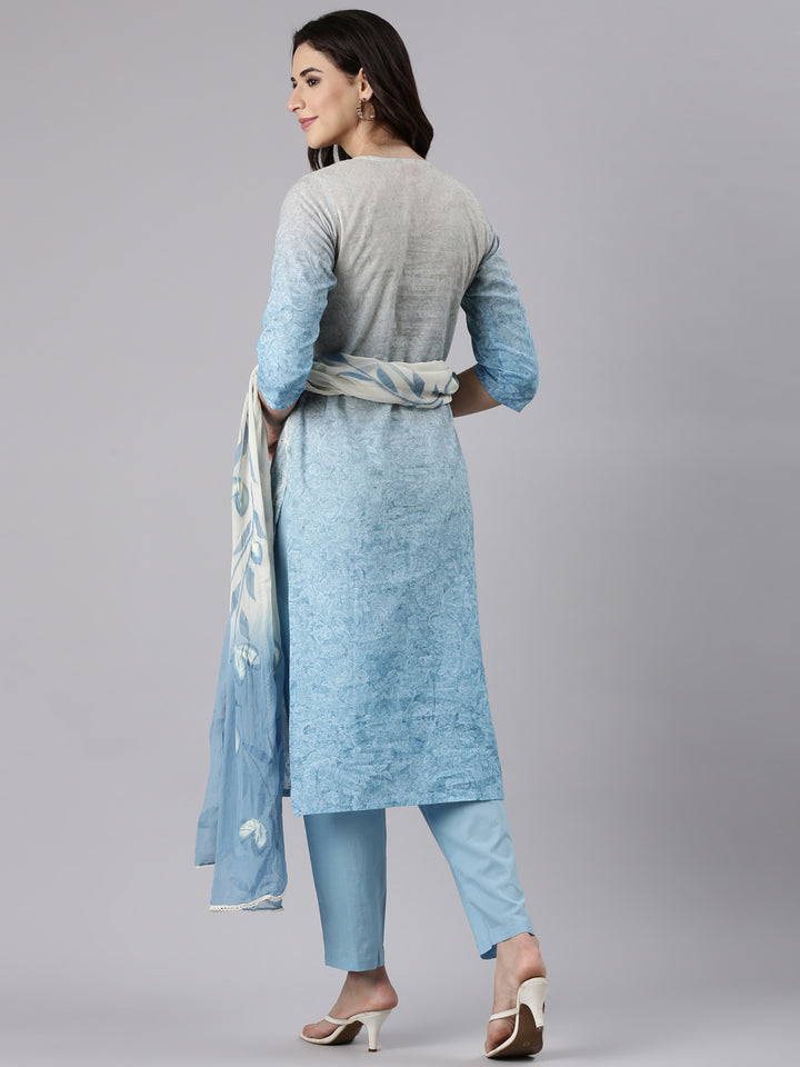 Blue Cotton Chiken Work Three Piece Set