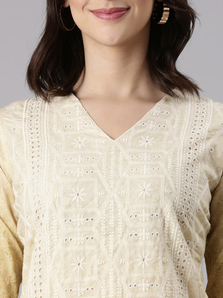 Yellow Cotton Chiken Work Three Piece Set