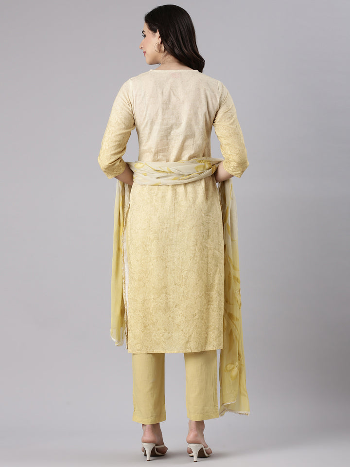 Yellow Cotton Chiken Work Three Piece Set