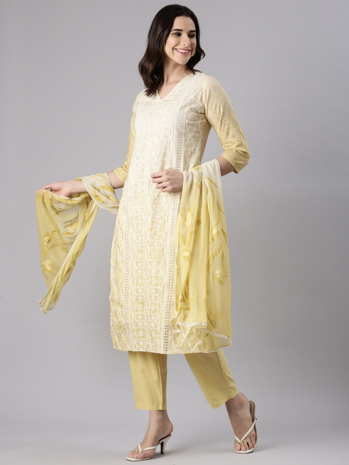 Yellow Cotton Chiken Work Three Piece Set