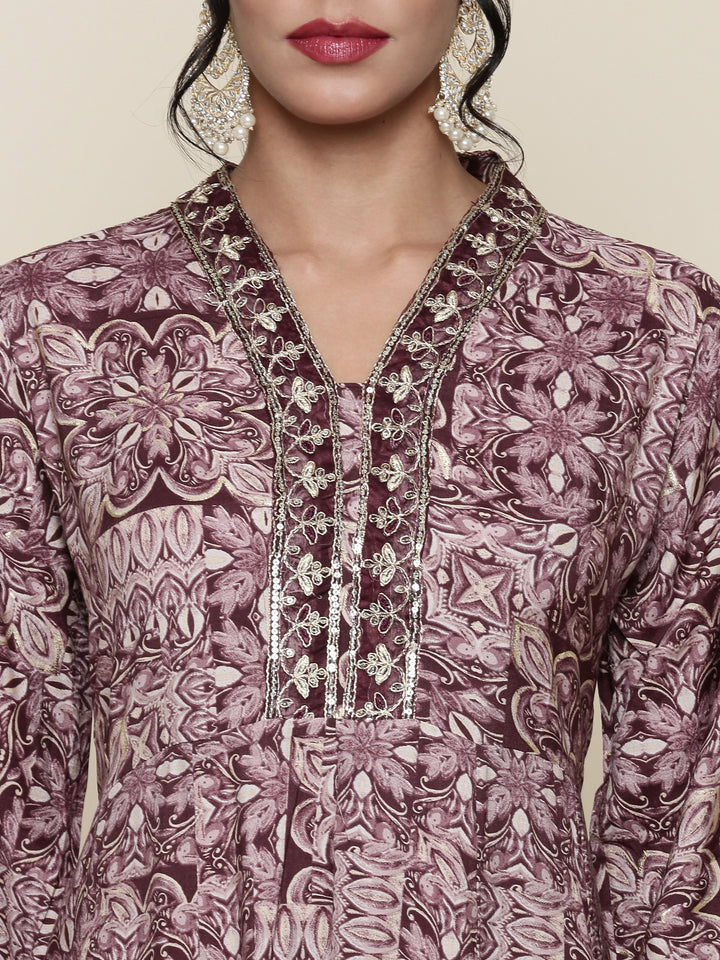 Wine Digital Printed Crepe Modal Three piece suit set