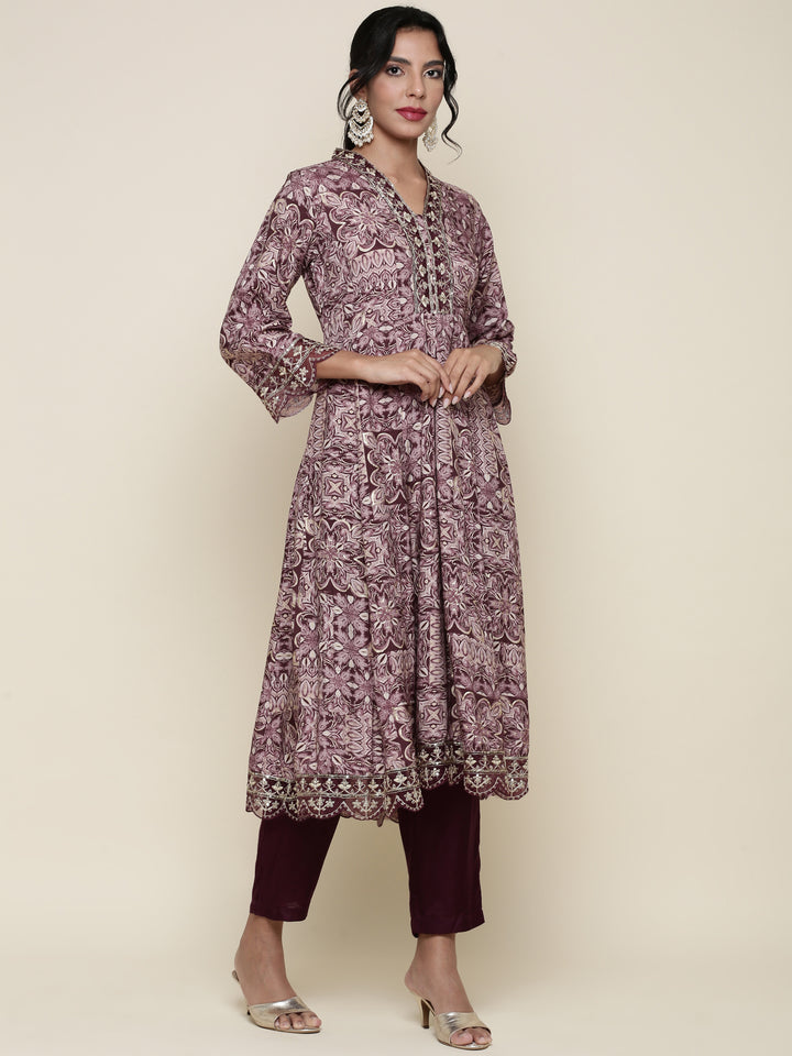 Wine Digital Printed Crepe Modal Three piece suit set