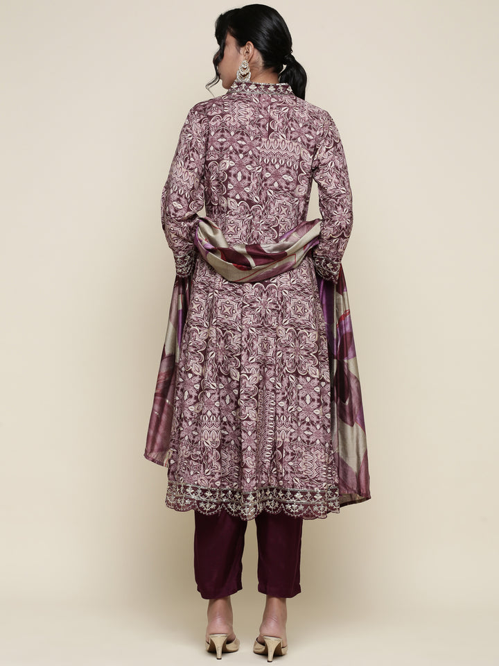 Wine Digital Printed Crepe Modal Three piece suit set